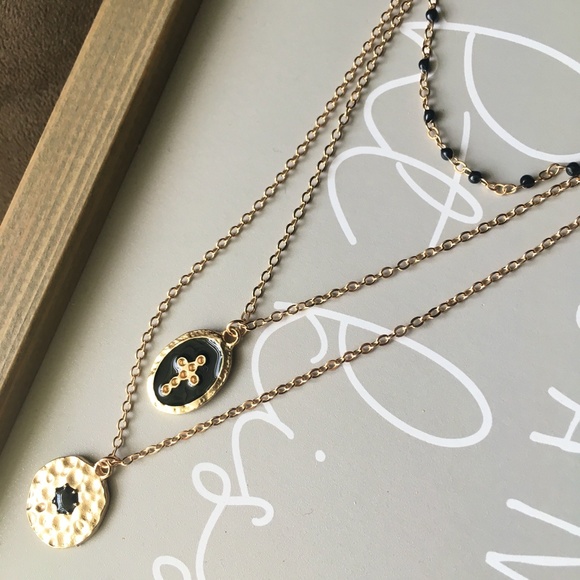 Layered Black Beaded Religious Gold Necklace - Picture 4 of 7